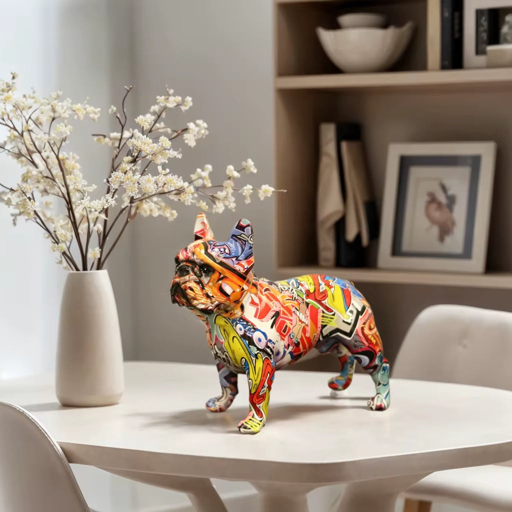 Colorful Standing French Bulldog Resin Statue Decoration, Pet Dog DIY Graffiti Crafts, Desktop Animal Statue Ornament.